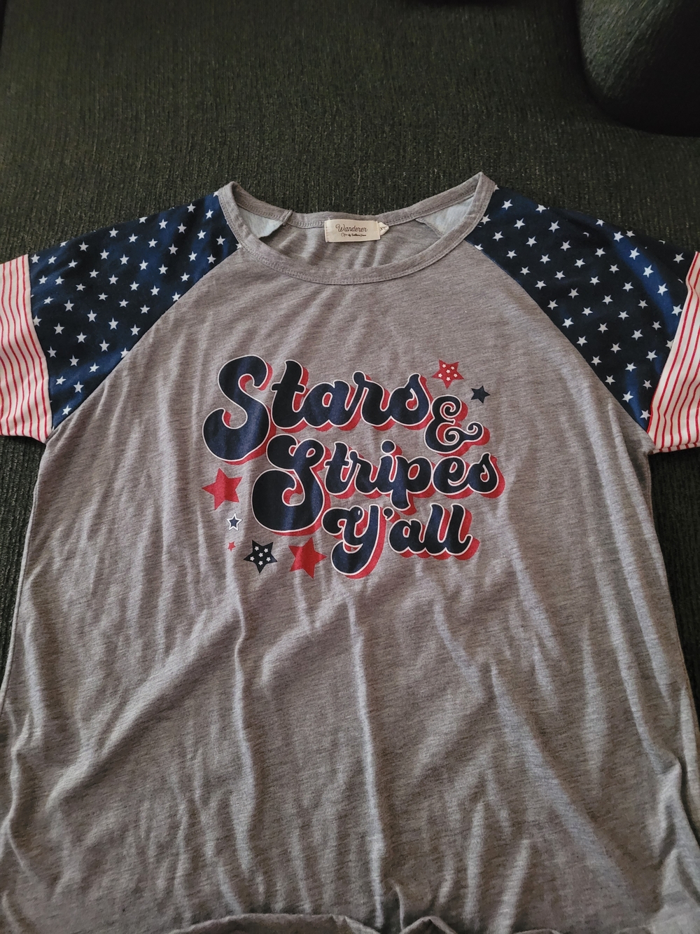 Southern Grace Grey Raglan Tee with Navy Star Sleeves and Red Accents